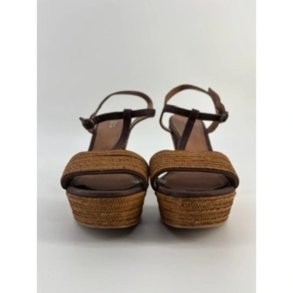 UGG Women Brown Suede Raffia Platform Wedge Sandals T-Strap Ankle Buckle Size7.5